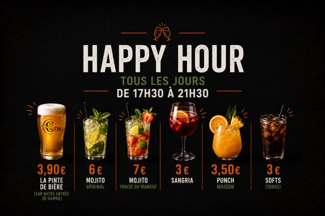 Happy Hour à Bayonne : tous les jours de 17h30 à 21h30